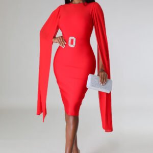 Elizabetta Red Long Sleeve Bandage Midi Dress